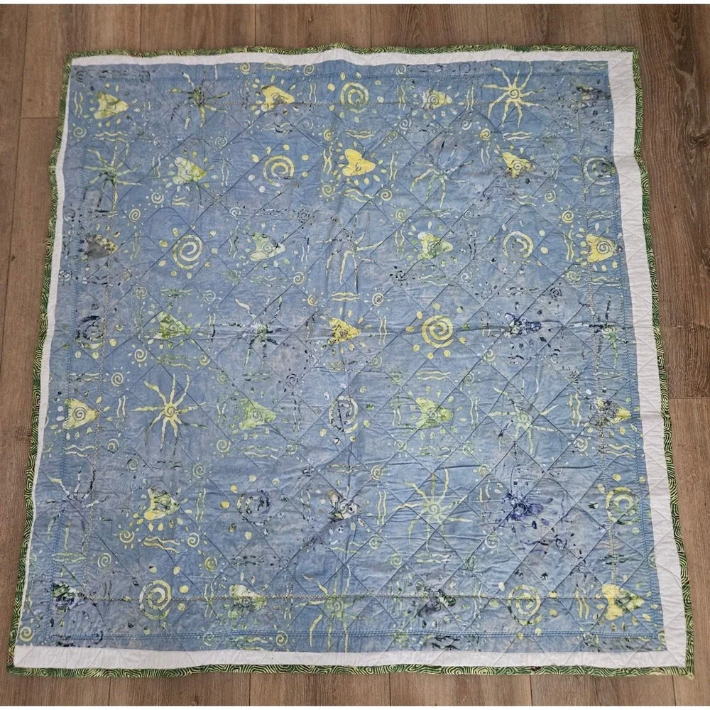 Handmade Patchwork Quilt Pinwheel Celestial Sun Moon Batik Green Blue Throw Vtg